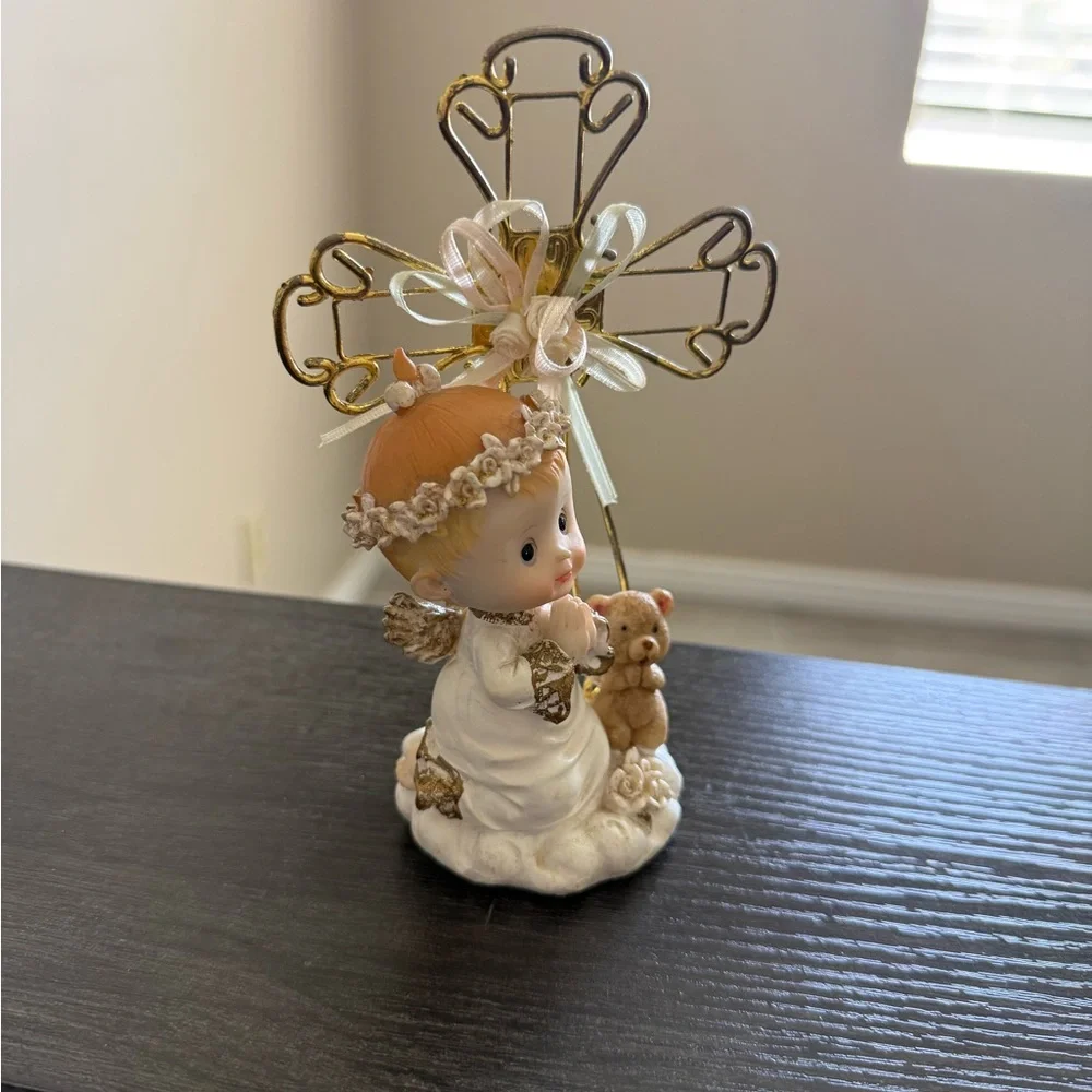 White and Gold Angel Favor Figurine with Teddy and Cross Accent